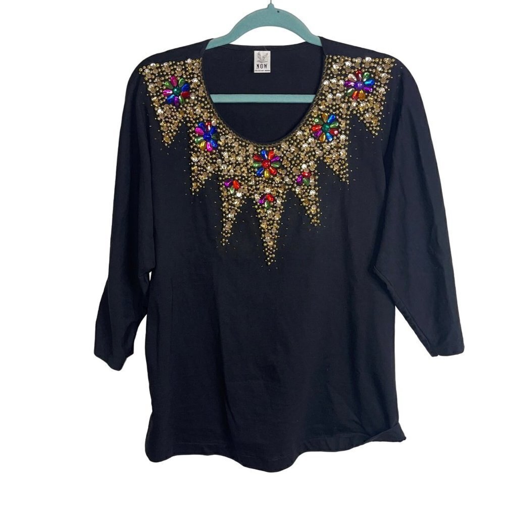 Now Collection Design Vintage Top Size Large Dolman Sleeve Cotton Sequin Beaded